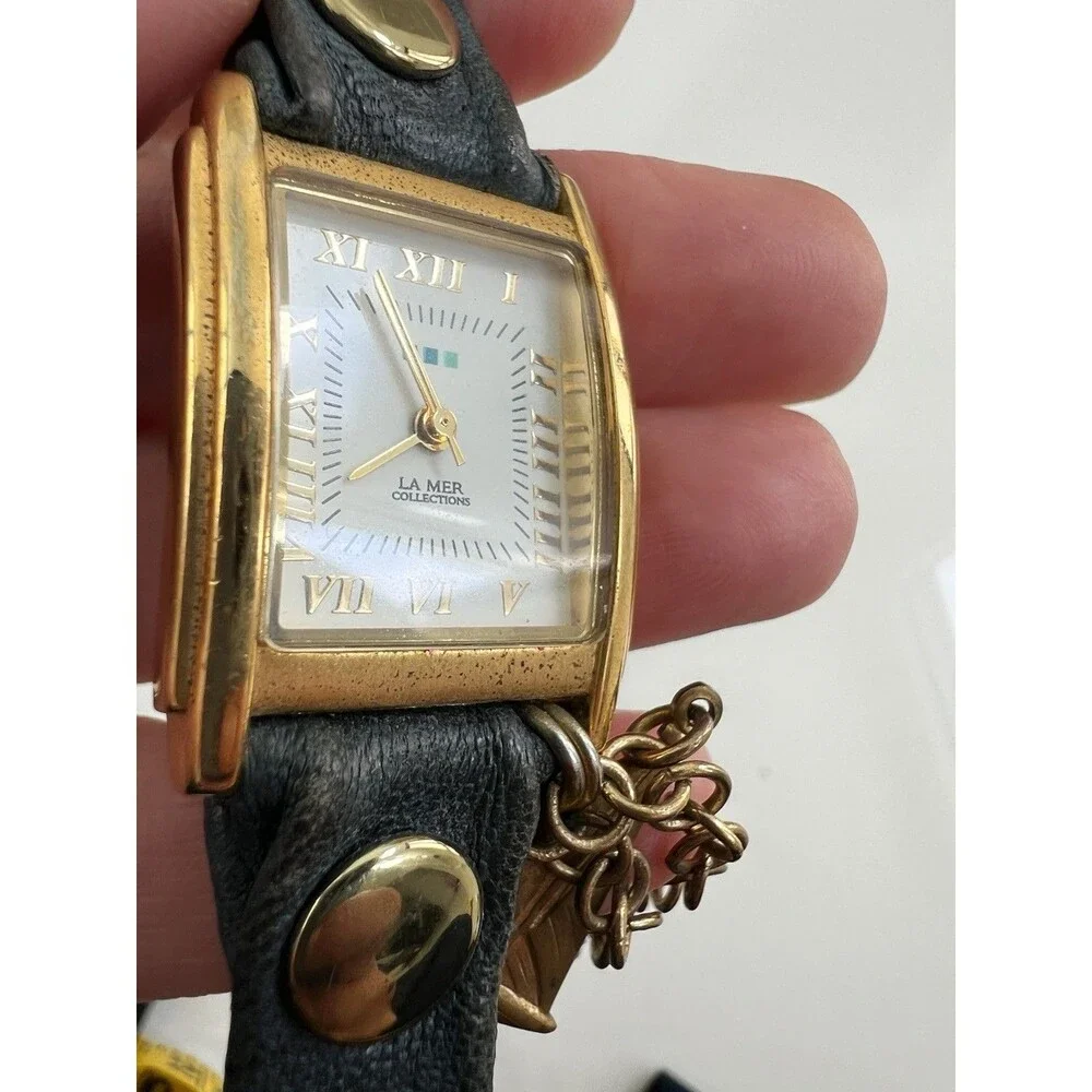 La Mer Collections Wrap Watch Navy Leather Band Gold Tone Boho 2000's Y2K Charms